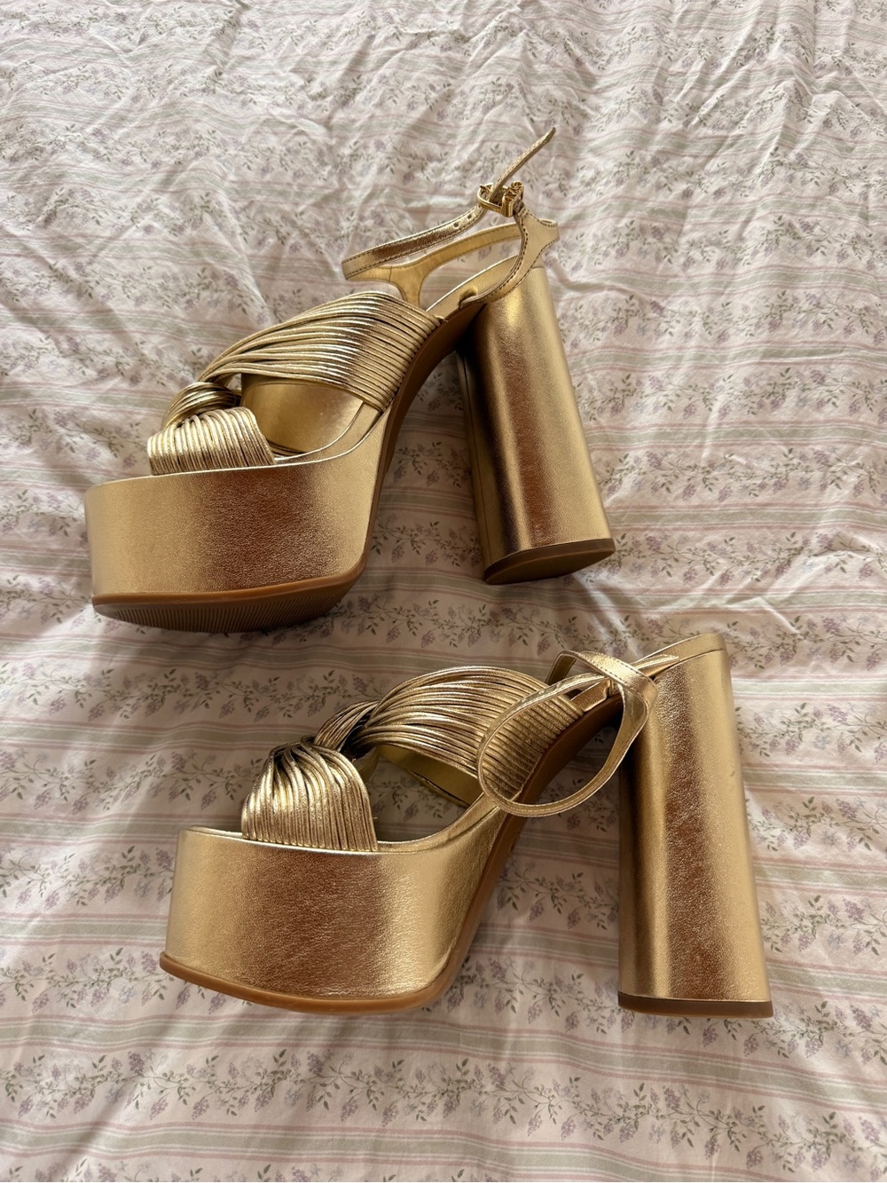 Michael Kors Metallic Gold Twisted Strap Platform Heels - Picture 3 of 4